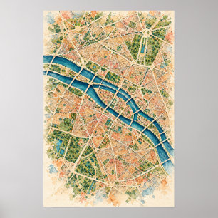 Luftbild-Stadtplan von Paris und Seine-Ufer-Wandku Poster