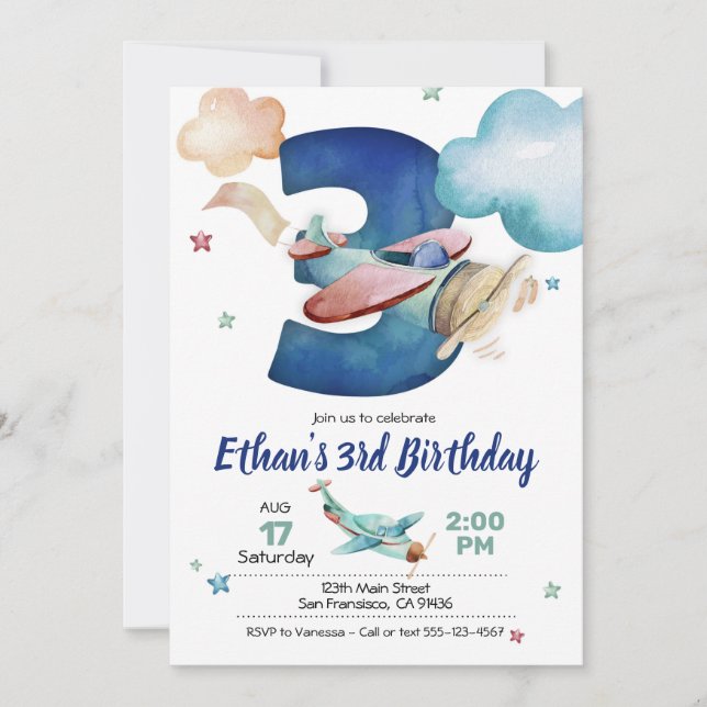 Luftfahrzeug 3. Geburtstag Einladung - Thema Flugz (Vorderseite)