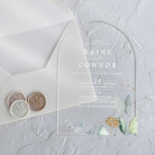 Luftige Grüntöne Goldblatt Weiße Elegante Hochzeit Acryleinladungen
