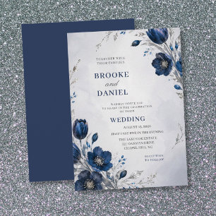 Luftige Navy-Tulpe-Christrose-Silber-Glitter-Hochz Einladung