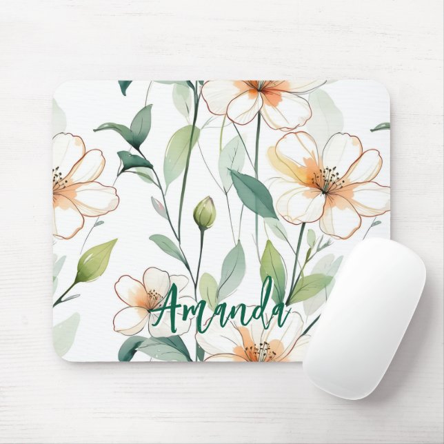 Luftige weiße Blumen Grünmuster Blüte floral Mousepad (Mit Mouse)