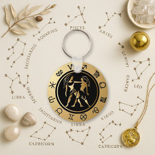 Luftiger Goldener Zwillinge-Zwillinge-Zodiak-Rad Schlüsselanhänger