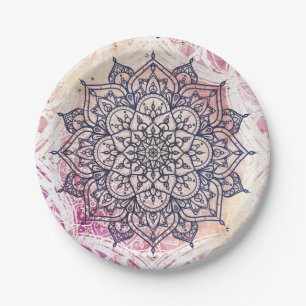 Luftiges Mandala Glückliches Rosa Lila Gelb Blau & Pappteller