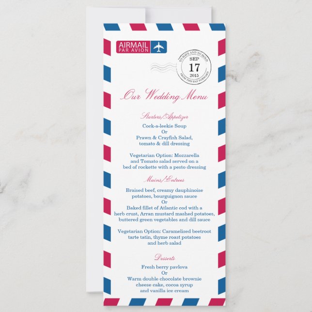 Luftpost-Hochzeitsempfangsmenü Einladung (Vorderseite)