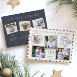 Luftpost | Jahr in der FotoCollage Feiertagskarte<br><div class="desc">Einzigartig ist das Design der Urlaubskarte, die sich an Vintage Postkarten mit blau-rot gestreiften Rahmen und Fotos im Stil der Briefmarke orientiert. Passen Sie die Vorderseite mit Ihrem Familiennamen, einem kurzen Urlaubssegment (mit "senden Beifall") und vier Fotos an. Fügen Sie der Rückseite drei zusätzliche Fotos hinzu, sowie eine benutzerdefinierte Überschrift...</div>