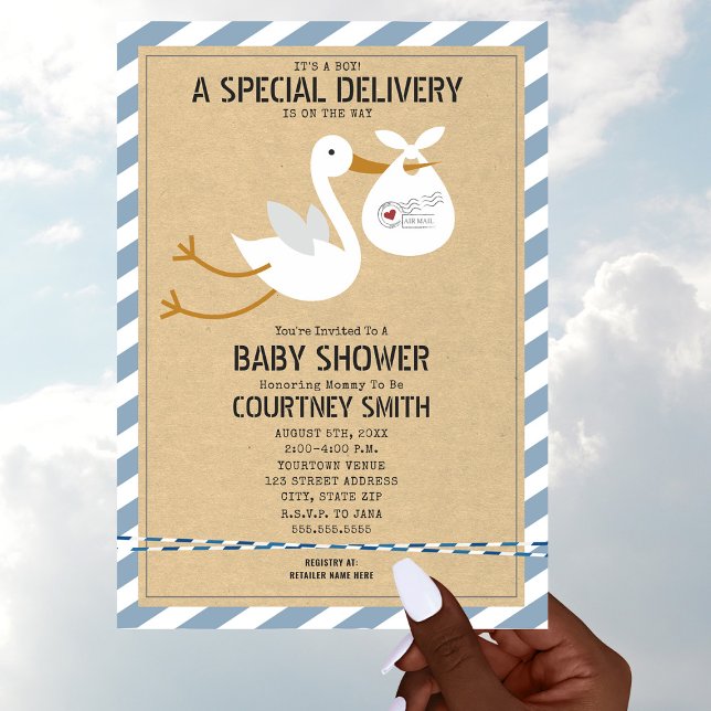 Luftpost Sonderlieferung Stork Boy Babydusche Einladung (Von Creator hochgeladen)