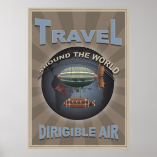 Luftschiff-Reise-Welt-Reiseplakat im Vintage-Stil Poster