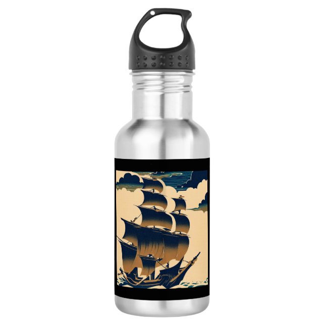 Luftschiffe, die über Wolken fahren - Holzschnitt  Edelstahlflasche (Vorderseite)