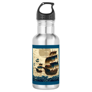 Luftschiffe, die über Wolken fahren - Holzschnitt Edelstahlflasche