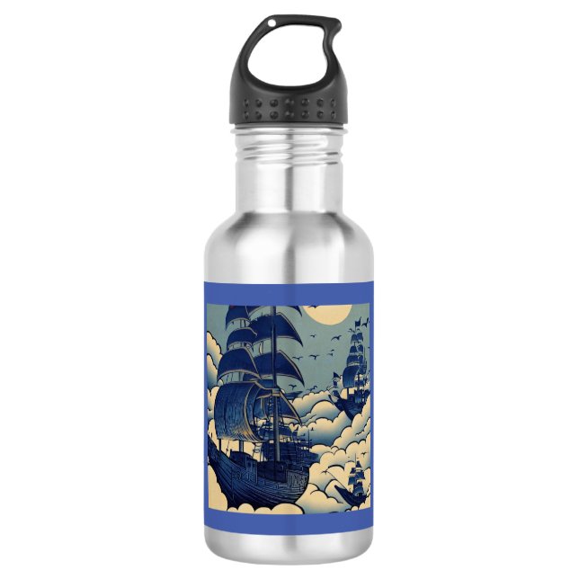 Luftschiffe, die über Wolken fahren - Holzschnitt  Edelstahlflasche (Vorderseite)