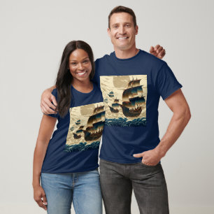 Luftschiffe, die über Wolken fahren - Holzschnitt  T-Shirt