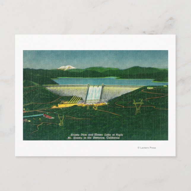 Luftsicht auf den Shasta-Damm, See, Berg bei Postkarte (Vorderseite)