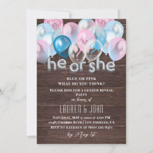 Lui ou elle Balloon Genre Reveillez Invitation