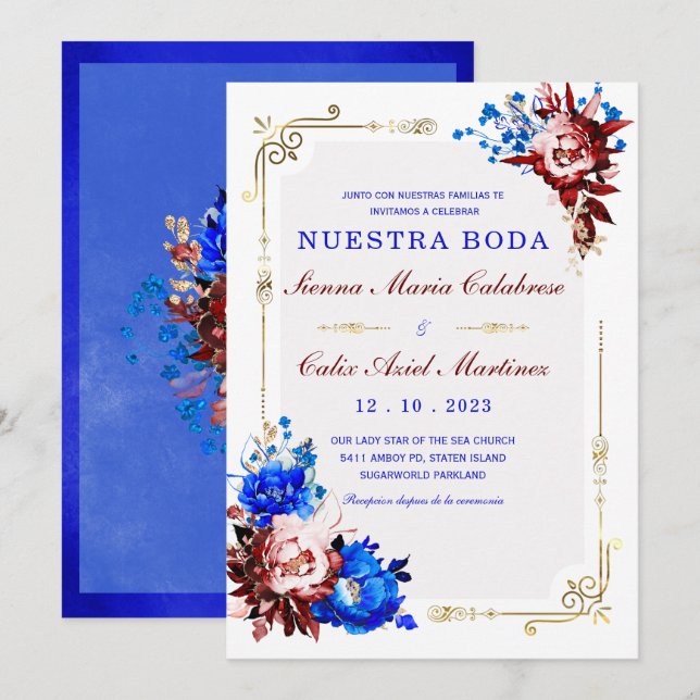Lujo De Boda en Burdeos y Azul Einladung (Vorne/Hinten)