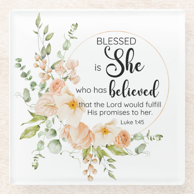 Luke 1:45 Gesegnet ist "She Spring Orange Blume" Glasuntersetzer (Vorderseite)