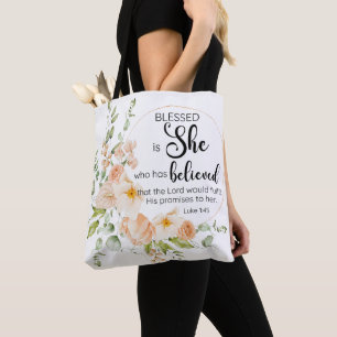 Luke 1:45 Gesegnet ist "She Spring Orange Blume" Tasche