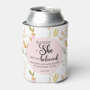 Luke 1:45 Gesegnet ist Sie Aquarell Rosa Blütenbra Dosenkühler