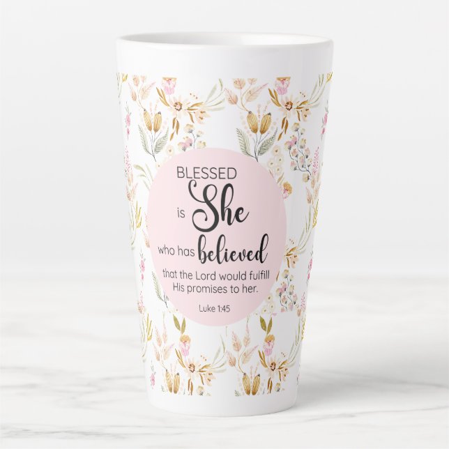 Luke 1:45 Gesegnet ist Sie Aquarell Rosa Blütenbra Milchtasse (Vorderseite)