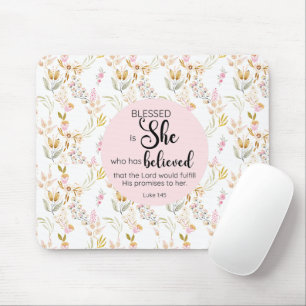 Luke 1:45 Gesegnet ist Sie Aquarell Rosa Blütenbra Mousepad