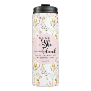 Luke 1:45 Gesegnet ist Sie Aquarell Rosa Blütenbra Thermosbecher