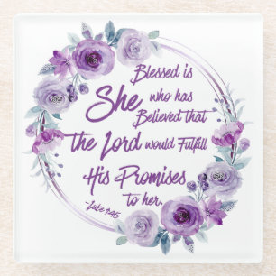 Luke 1:45 Gesegnet ist sie Lila Floral Glasuntersetzer
