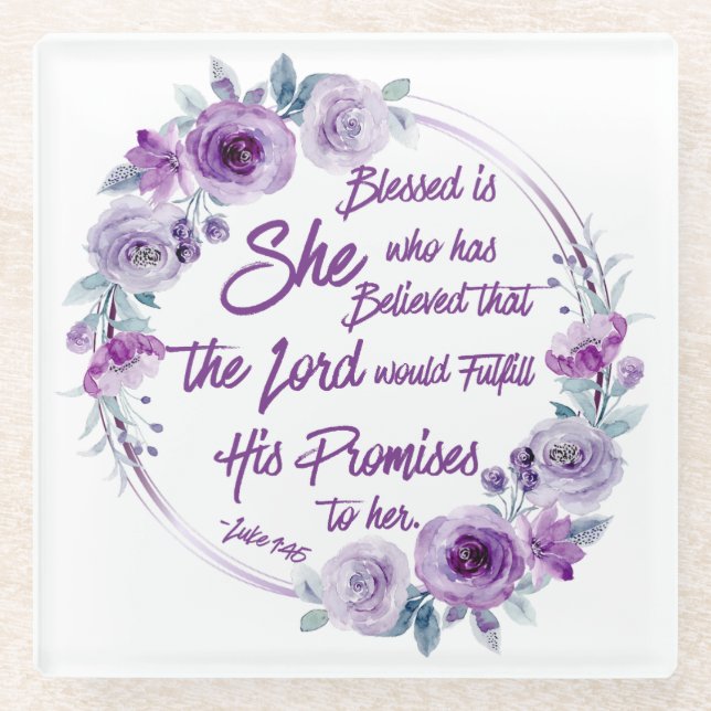 Luke 1:45 Gesegnet ist sie Lila Floral Glasuntersetzer (Vorderseite)