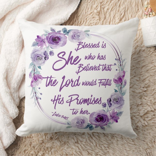 Luke 1:45 Gesegnet ist sie Lila Floral Kissen (Decke)