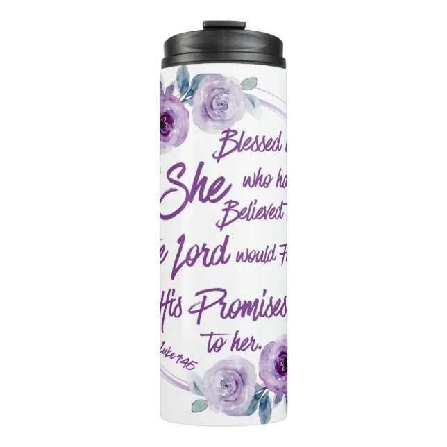 Luke 1:45 Gesegnet ist sie Lila Floral Thermosbecher (Vorderseite)
