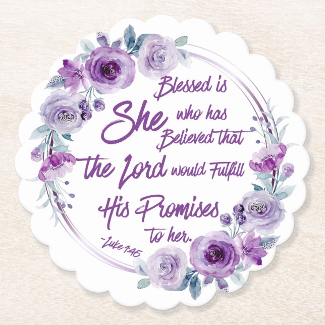 Luke 1:45 Gesegnet ist sie Lila Floral Untersetzer (Vorderseite)
