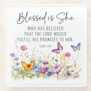 Luke 1:45 Gesegnet ist Sie Schrift Wildblumen Glasuntersetzer