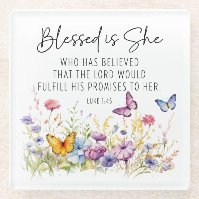 Luke 1:45 Gesegnet ist Sie Schrift Wildblumen Glasuntersetzer (Vorderseite)
