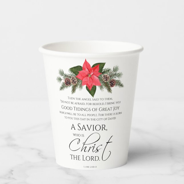 Luke 2:10-11 Gute Nachricht Poinsettia Weihnachten Pappbecher (Vorderseite)