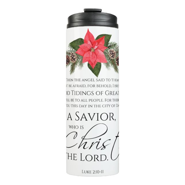 Luke 2:10-11 Gute Nachricht Poinsettia Weihnachten Thermosbecher (Vorderseite)