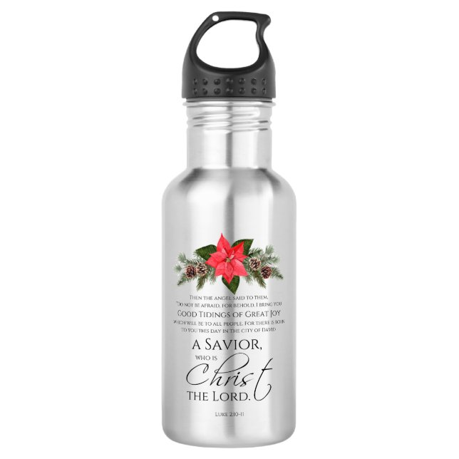 Luke 2:10-11 Poinsettia Weihnachtsschrift Edelstahlflasche (Vorderseite)