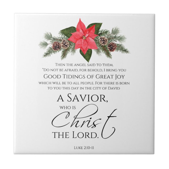 Luke 2:10-11 Poinsettia Weihnachtsschrift Fliese (Vorderseite)
