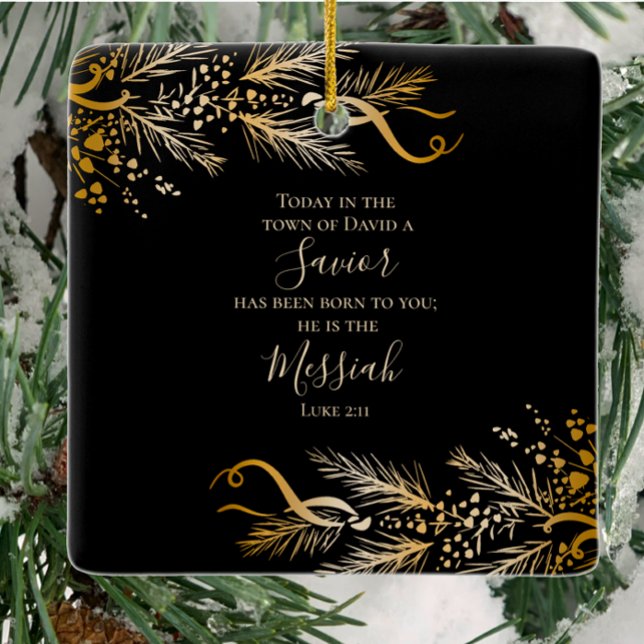 Luke 2:11 Schrift Elegant Gold Frohe Weihnachten Keramikornament (Luke 2:11 Christian Bible Verse Christmas ornament. Customize Elegant Golden Merry Christmas gift.)