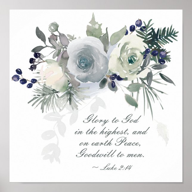 Luke 2:14 "Ruhm zu Gott" Weihnachten im Weißen Ros Poster (Vorne)