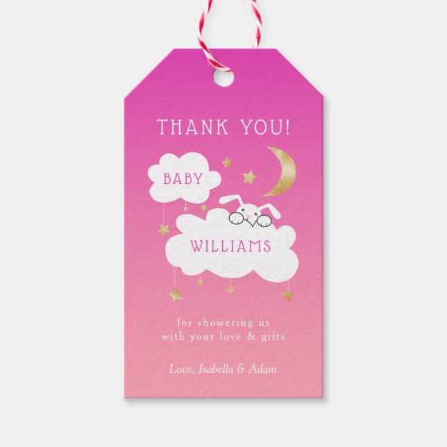 Lullaby Bunny Moon Stars Babydusche Pink Geschenkanhänger (Vorderseite)