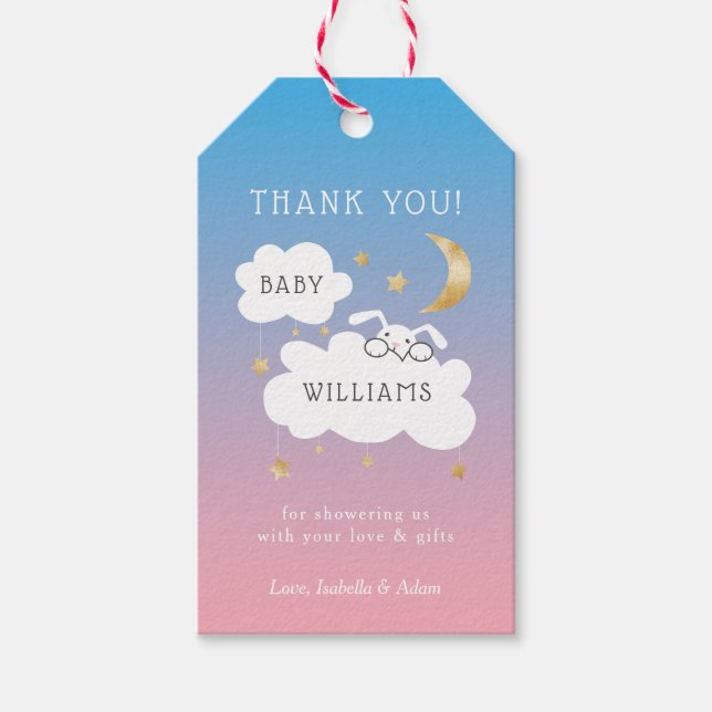 Lullaby Bunny Moon Stars Gender Reveal Party Geschenkanhänger (Vorderseite)