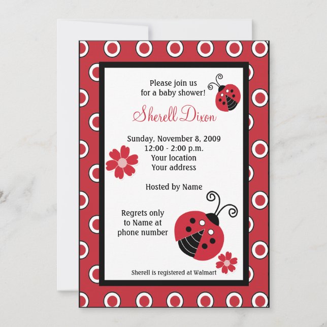 Lullabye Ladybug 5x7 Red Trendy Invitations (Devant)