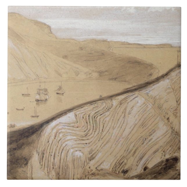Lulworth Bucht (w/c, Gouache und Graphit auf Beige Fliese (Vorderseite)