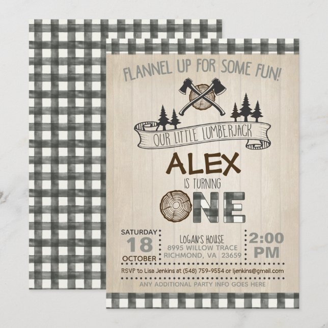 Lumberjack 1er Anniversaire Invitation - Blanc (Devant / Derrière)