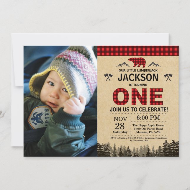 Lumberjack 1er anniversaire Invitation Ours Woodla (Devant)