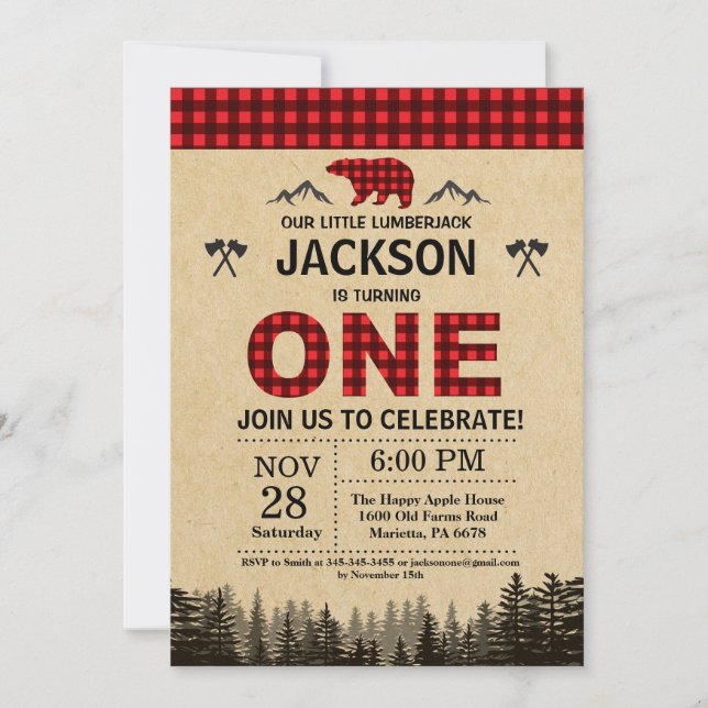 Lumberjack 1er anniversaire Invitation Ours Woodla (Devant)