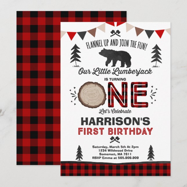 Lumberjack Anniversaire Invitation Lumberjack Part (Devant / Derrière)