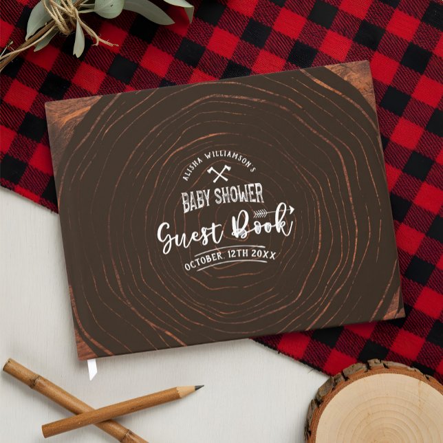 Lumberjack Baby Dusche Wood & Red Buffalo Kariert Gästebuch (Lumberjack Baby Shower Wood & Red Buffalo Plaid Guest Book)