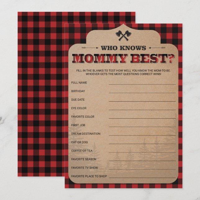 Lumberjack Baby Shower Game, das Mommy Best kennt (Vorne/Hinten)