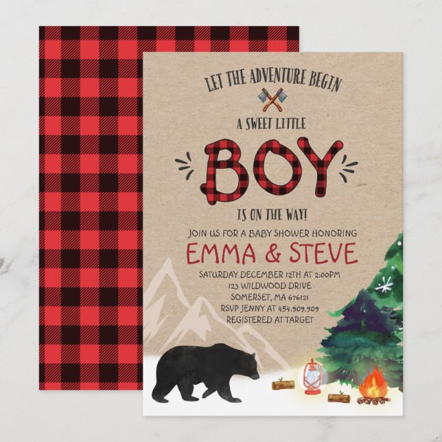 Lumberjack Babydusche Einladung Lumberjack Party (Vorne/Hinten)