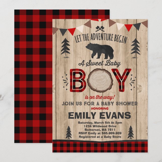 Lumberjack Babydusche Einladung Lumberjack Party (Vorne/Hinten)