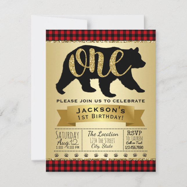 Lumberjack Bear 1. Geburtstag Party Einladung (Vorderseite)